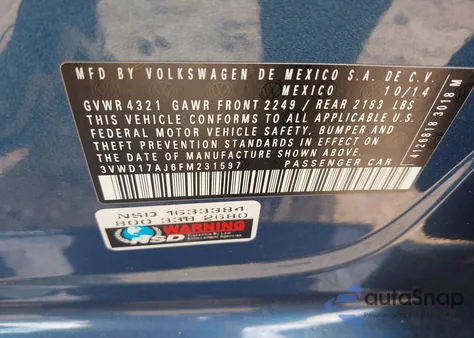 2015 Volkswagen Jetta Se from USA, damaged, VIN 3VWD17AJ6FM231597